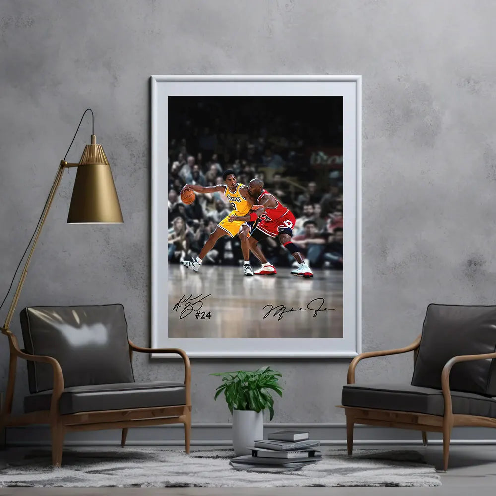 Michael Jordan Guarding Kobe Bryant Autograph Print Nba Poster 