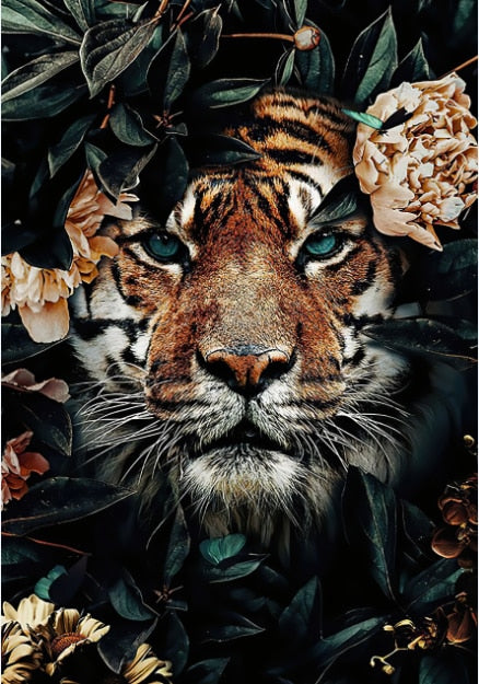 Tiger Animal Flower Mural Poster