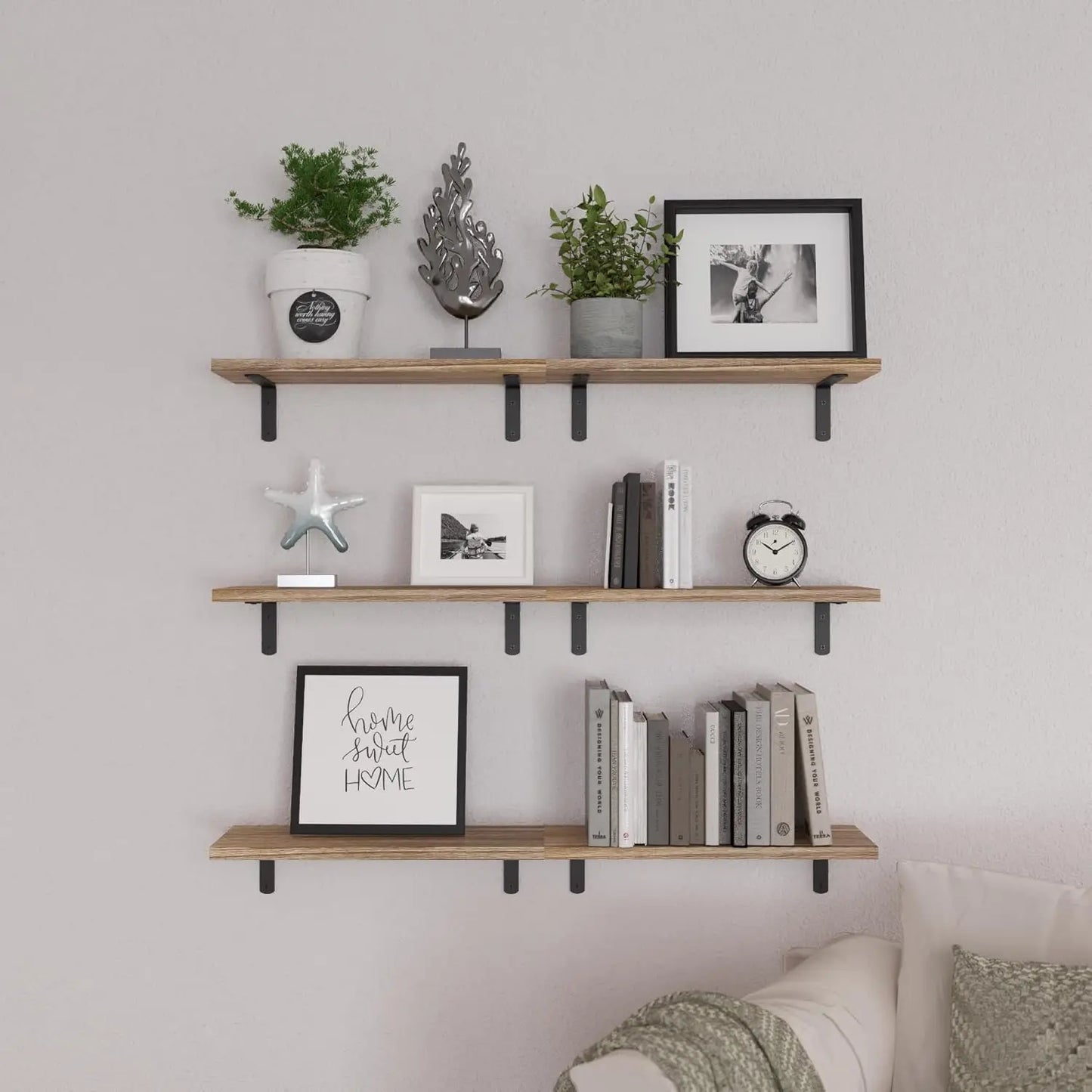 Wooden Floating Shelves Set of 6, Shelves for Wall Decor, Farmhouse Style Shelves, Bookshelves for Living Room