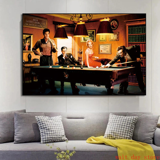 Elvis Presley Marilyn Monroe James Dean Playing Pool Painting Poster