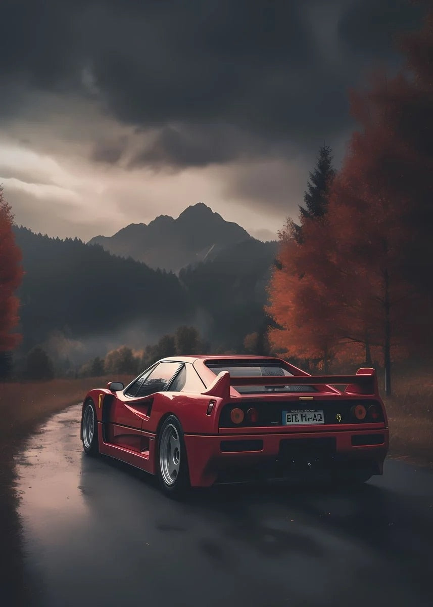 Ferrari Red Mountain Supercar Poster – Aesthetic Wall Decor