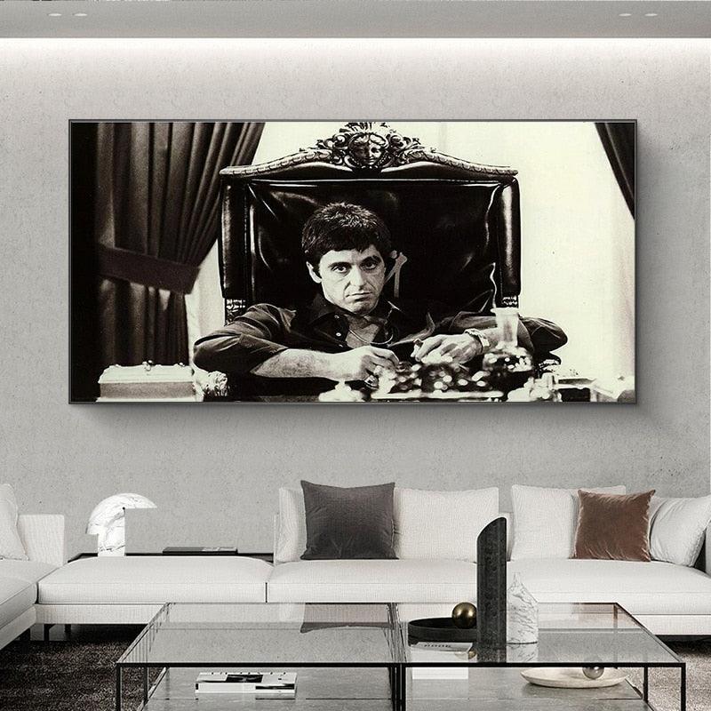 Al Pacino Scarface Behind Desk Black and White Wall Art Poster - Aesthetic Wall Decor