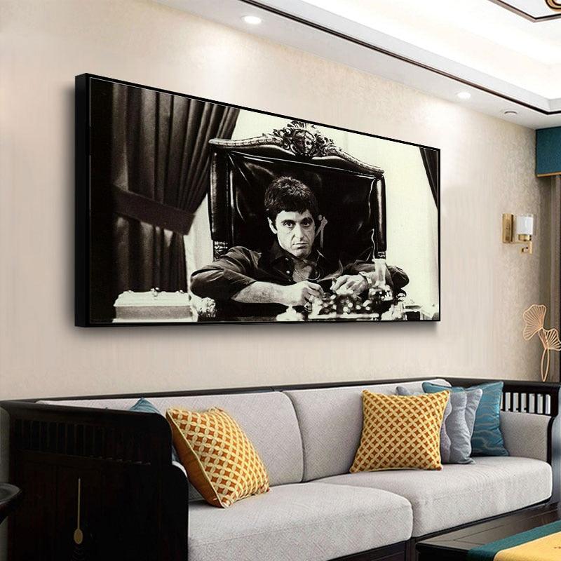 Al Pacino Scarface Behind Desk Black and White Wall Art Poster - Aesthetic Wall Decor