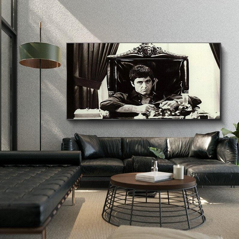 Al Pacino Scarface Behind Desk Black and White Wall Art Poster - Aesthetic Wall Decor