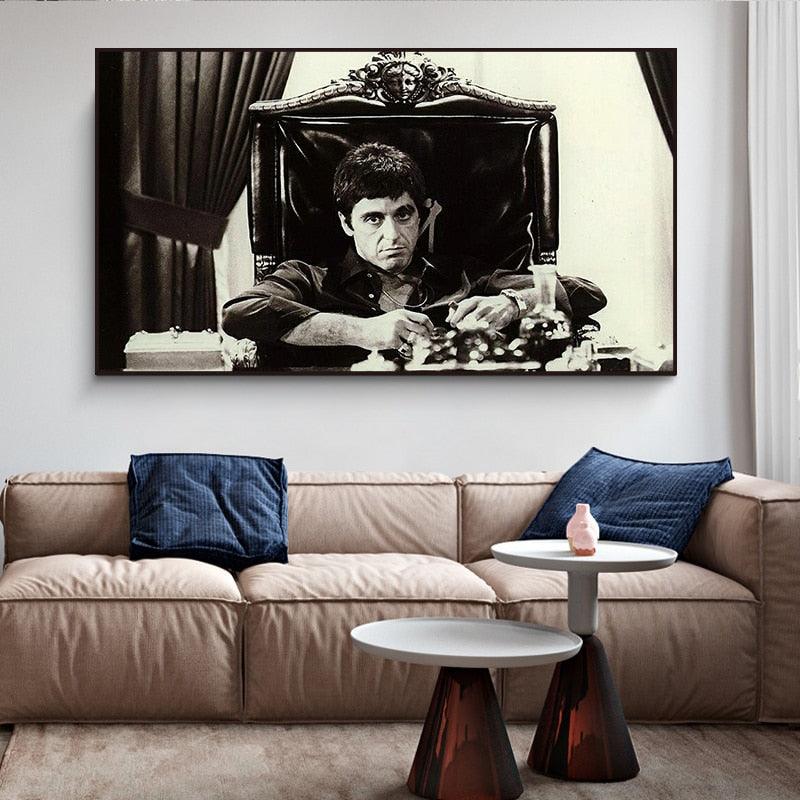 Al Pacino Scarface Behind Desk Black and White Wall Art Poster - Aesthetic Wall Decor