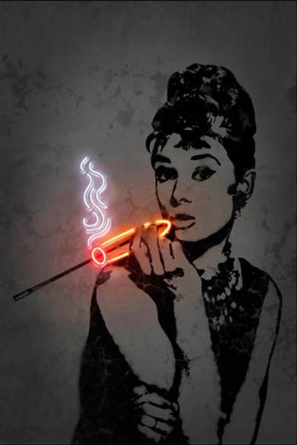 Audrey Hepburn Vintage Hollywood Star Smoking Neon Effect Poster - Aesthetic Wall Decor