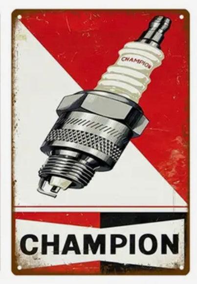 Champion Red White Black Vintage Spark Plug Mechanic Shop Metal Sign - Aesthetic Wall Decor