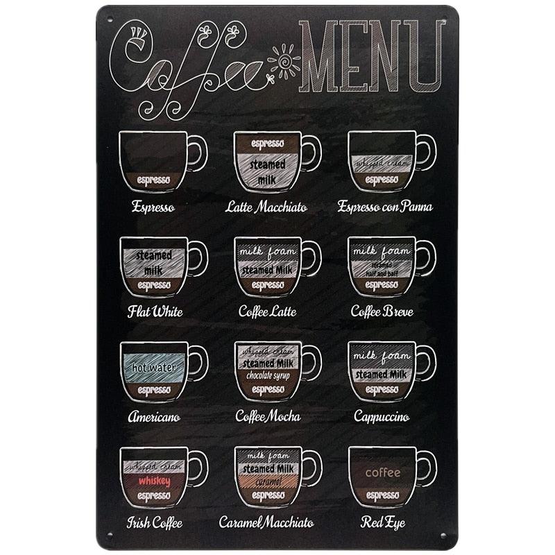 Coffee Menu Black Chalk Board Style Coffee Shop Wall Art Metal Sign - Aesthetic Wall Decor