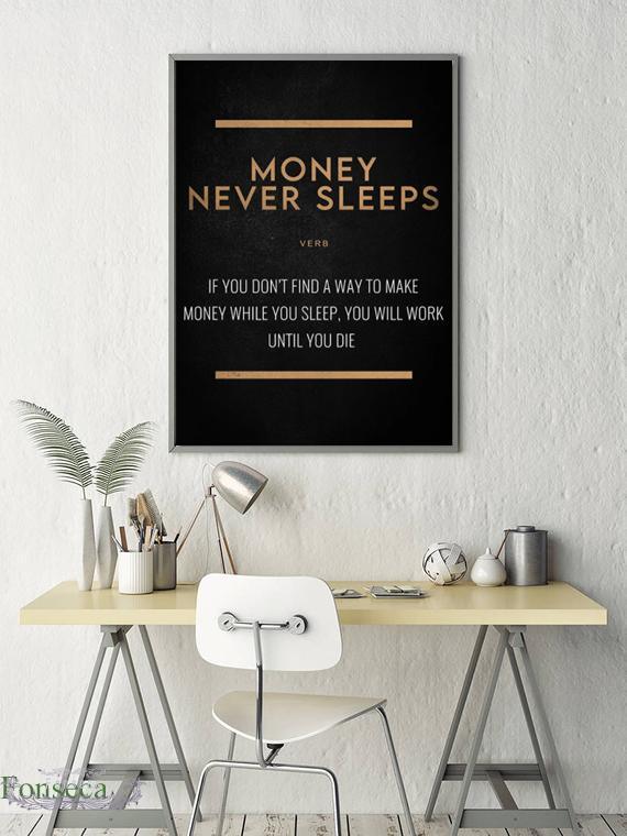 Money Never Sleeps Motivational Quote Entrepreneur Wall Art Poster - Aesthetic Wall Decor