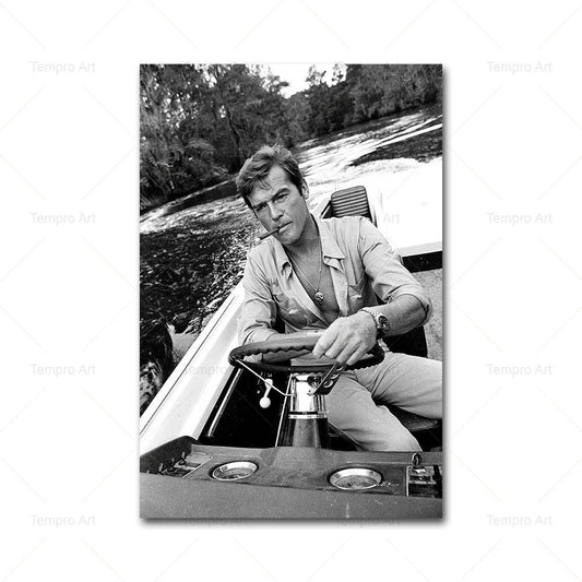 Roger Moore James Bond Boat Black and White Print Poster - Aesthetic Wall Decor