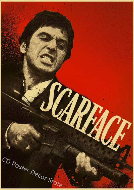 Scarface Machine Gun Red and Black Classic Movie Poster - Aesthetic Wall Decor