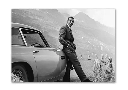 Sean Connery as James Bond with Aston Martin DB5 - Black and White Movie Poster - Aesthetic Wall Decor