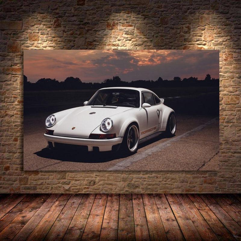 White Retro Porsche Sports Car Poster - Aesthetic Wall Decor