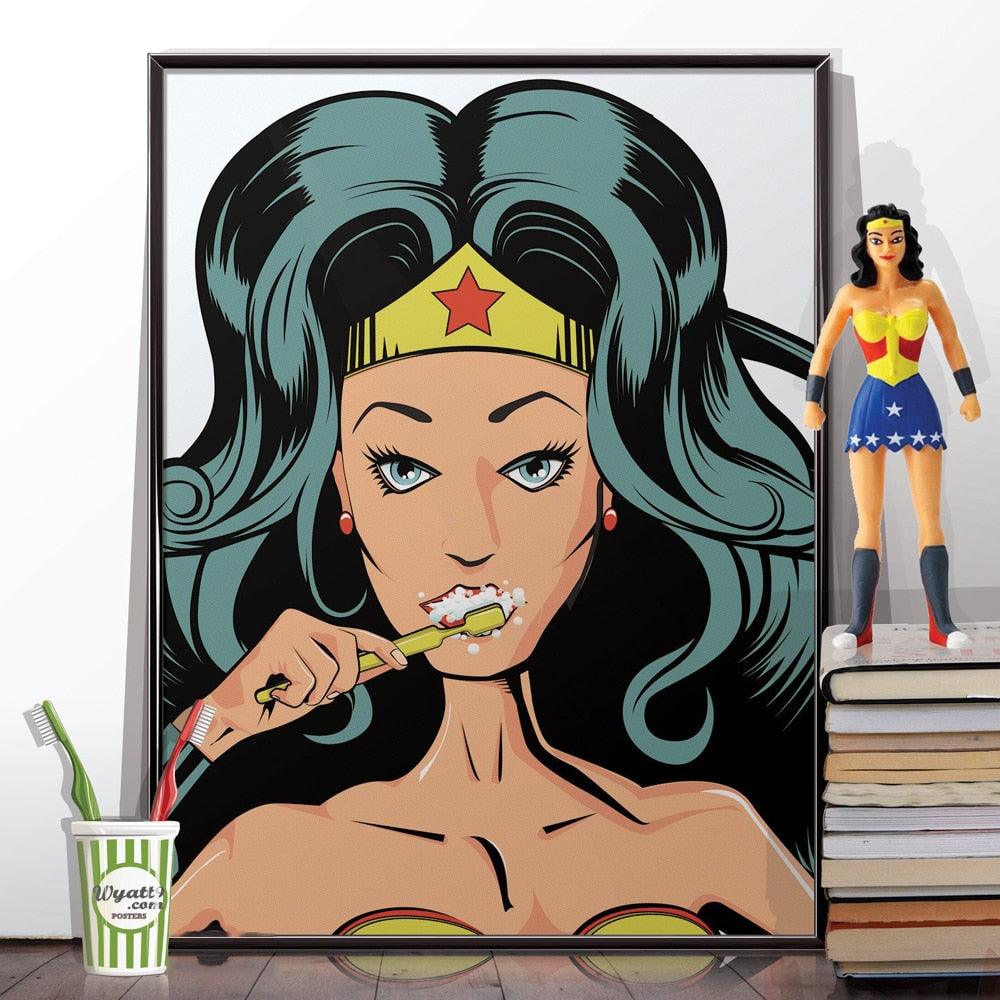 Wonder Woman Superhero Tooth Brush Bathroom Poster - Aesthetic Wall Decor